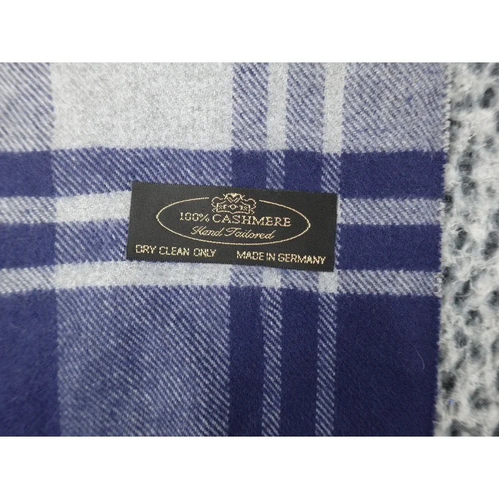 100% Cashmere Scarf Navy Blue Grey Plaid Made in‎ Germany Hand Tailored